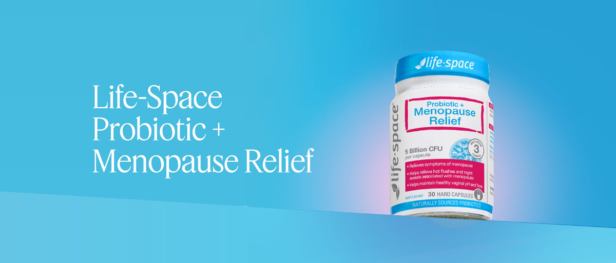 Life-Space Probiotic + Menopause Relief supplement bottle on a blue background