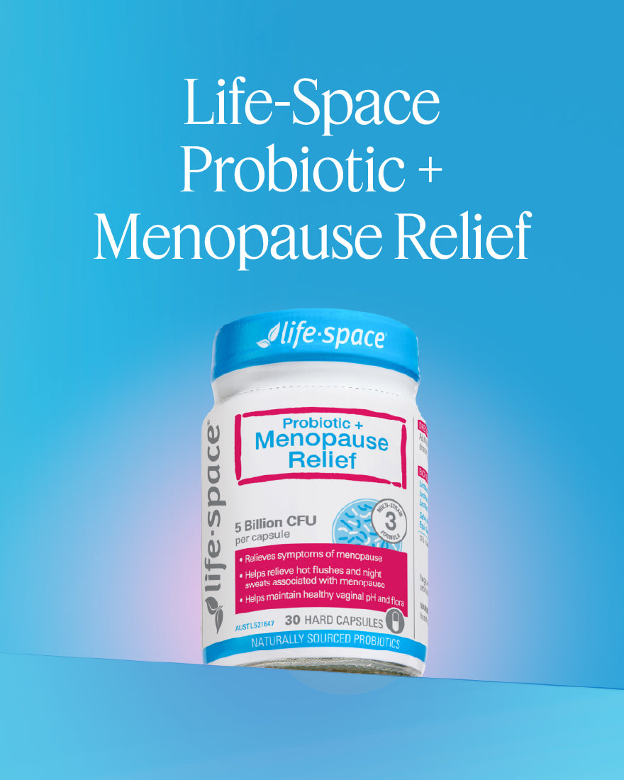 Life-Space Probiotic + Menopause Relief supplement bottle on a blue background