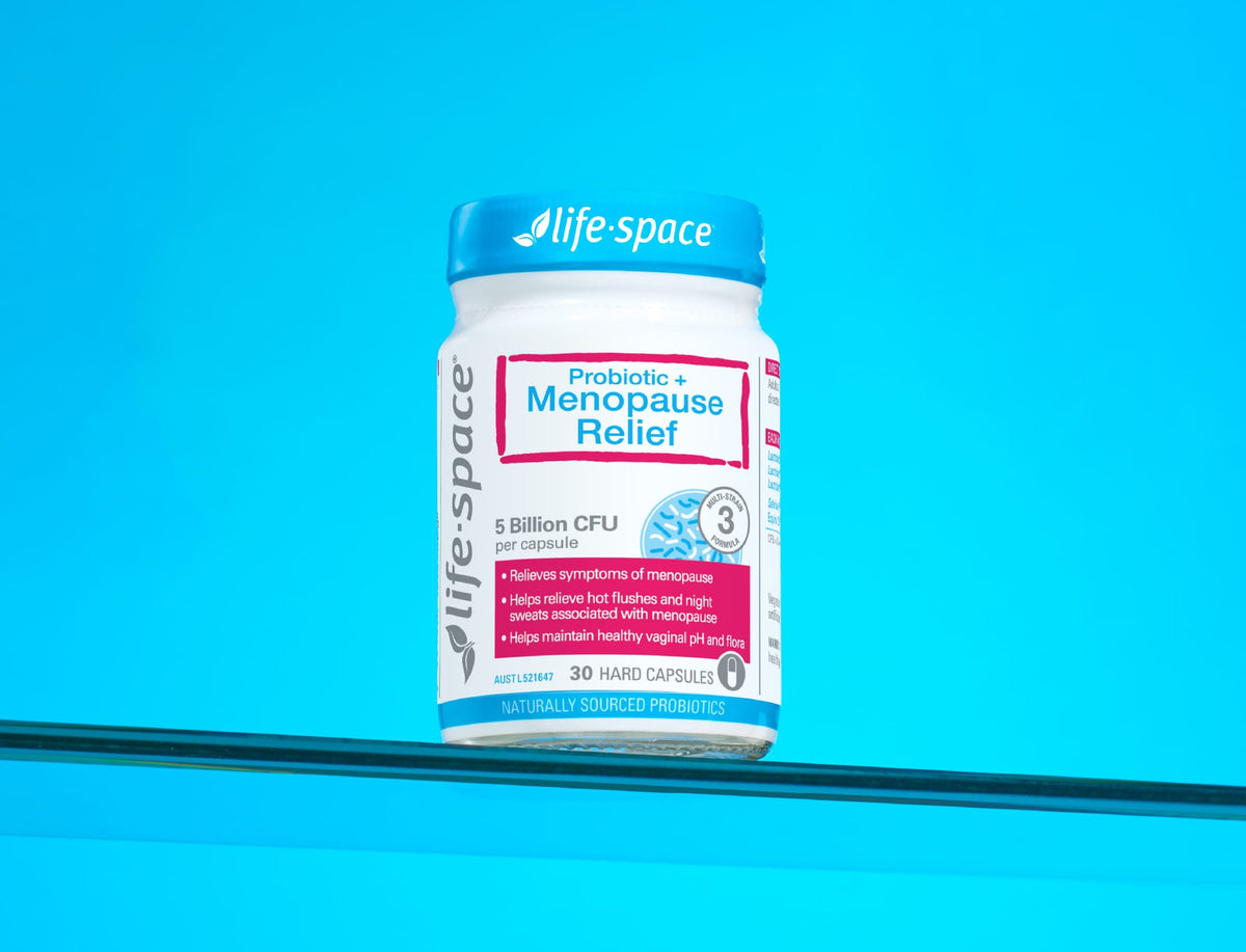 Life Space Probiotic + Menopause Relief supplement bottle on a blue background